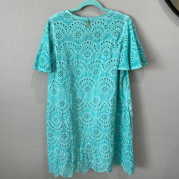 Ruby Yaya Embroidered Eyelet Shift Dress W/ Slip Flare Short Sleeve Aqua Cotton - Picture 8 of 12